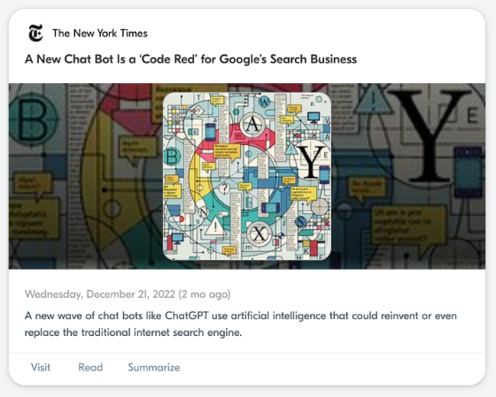 New York Times article card